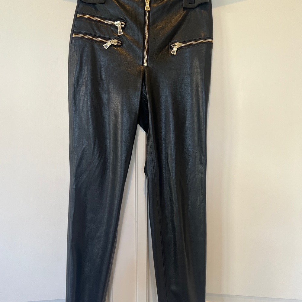 Alice + Olivia Black Vegan PLeather Pants with Gold Zippers